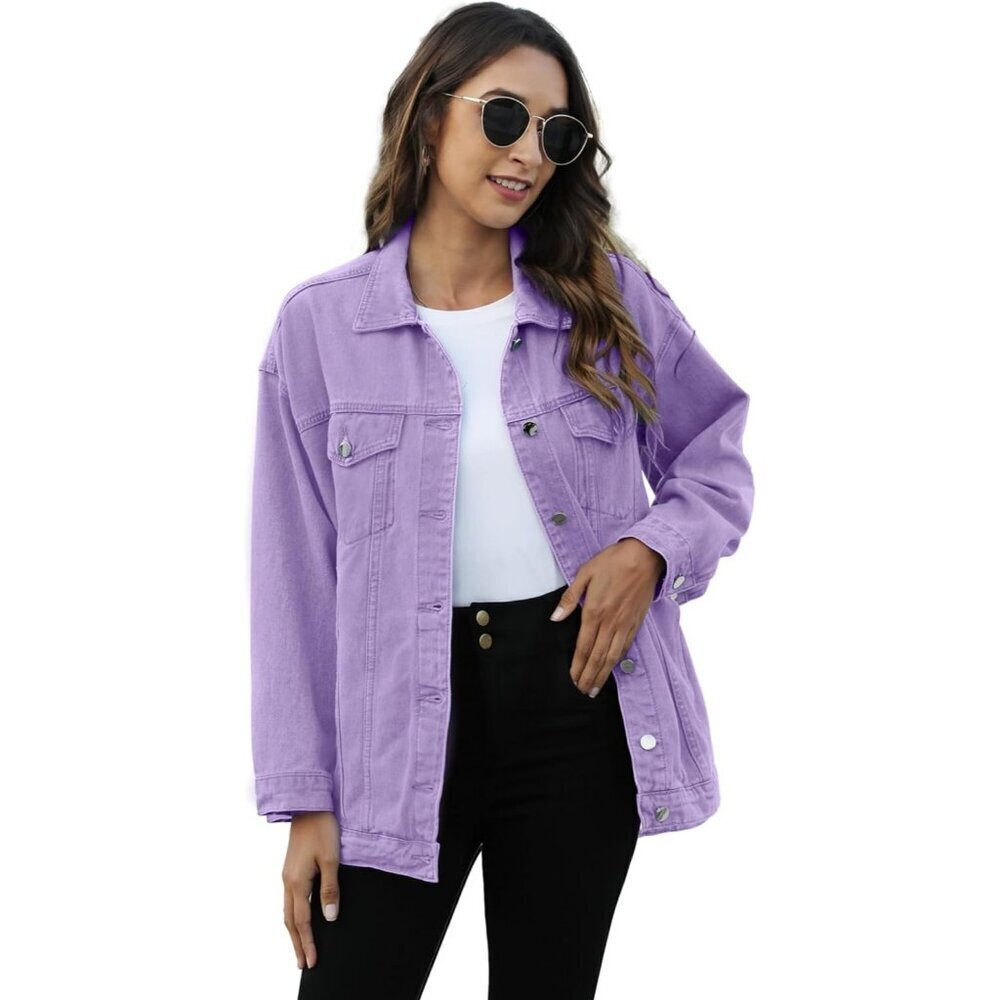 Women's Oversized Mid Long Denim Jacket Jean Biker Coat Long Sleeves Purple